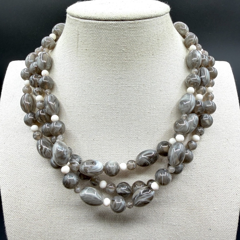 Gray Marbled Beaded Multi Strand Statement Necklace White Accent Beads Chunky